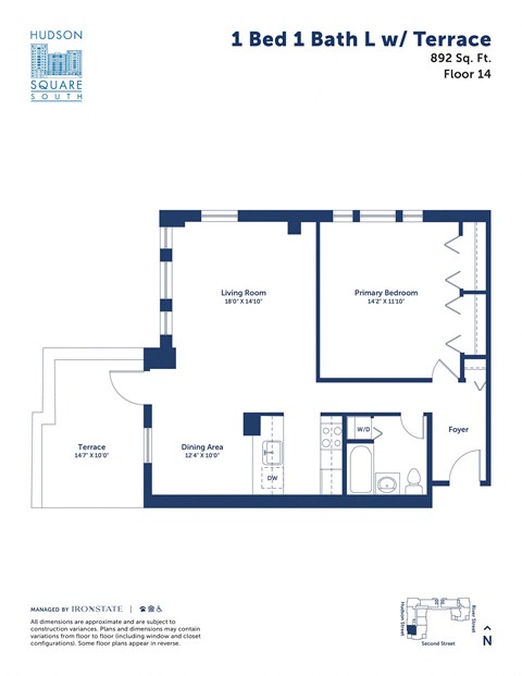 Floor plan for 1 bed, 1 bath, 892 sqft